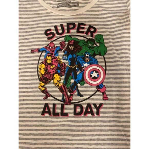 Disney Marvel Superheroes Juniors "Super All Day" Striped grey graphic T-Shirt S - Picture 2 of 8